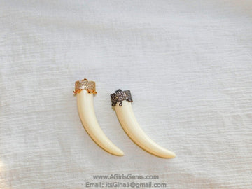 CZ Micro Paved Horn Pendant with CZ Dangles, Tusk Charms Boho Findings, Gold - A Girls Gems
